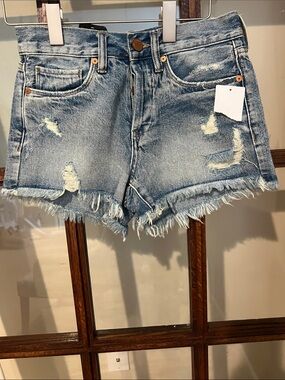 Classic High-Rise Distressed Denim Shorts - Light Blue